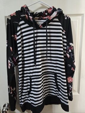 Lildy Black Striped Super Soft Hoodie with Floral Accents